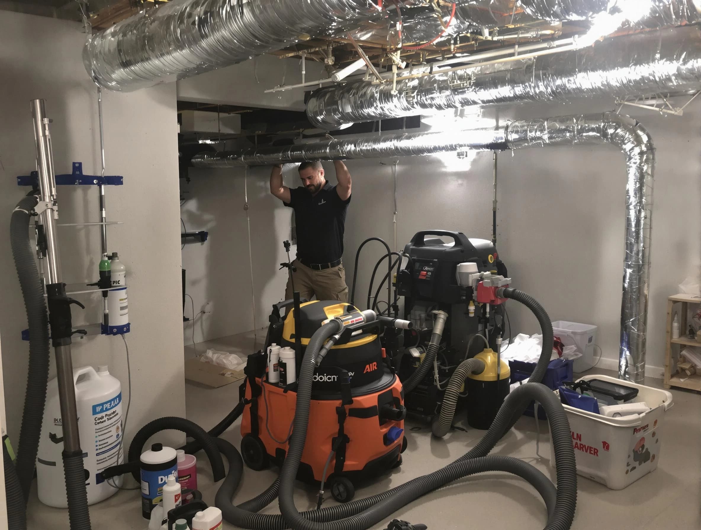 Plymouth Air Duct Cleaning specialist performing professional mold removal from air ducts using safety equipment in Plymouth