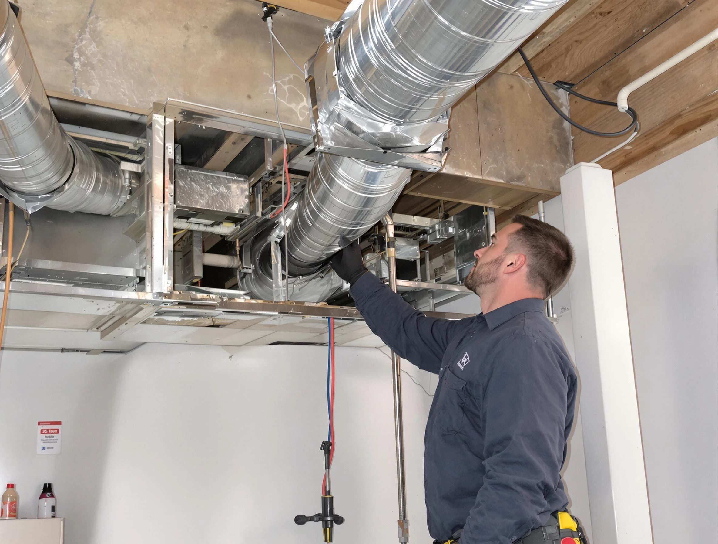 Plymouth Air Duct Cleaning technician performing professional air duct repair using specialized tools in Plymouth