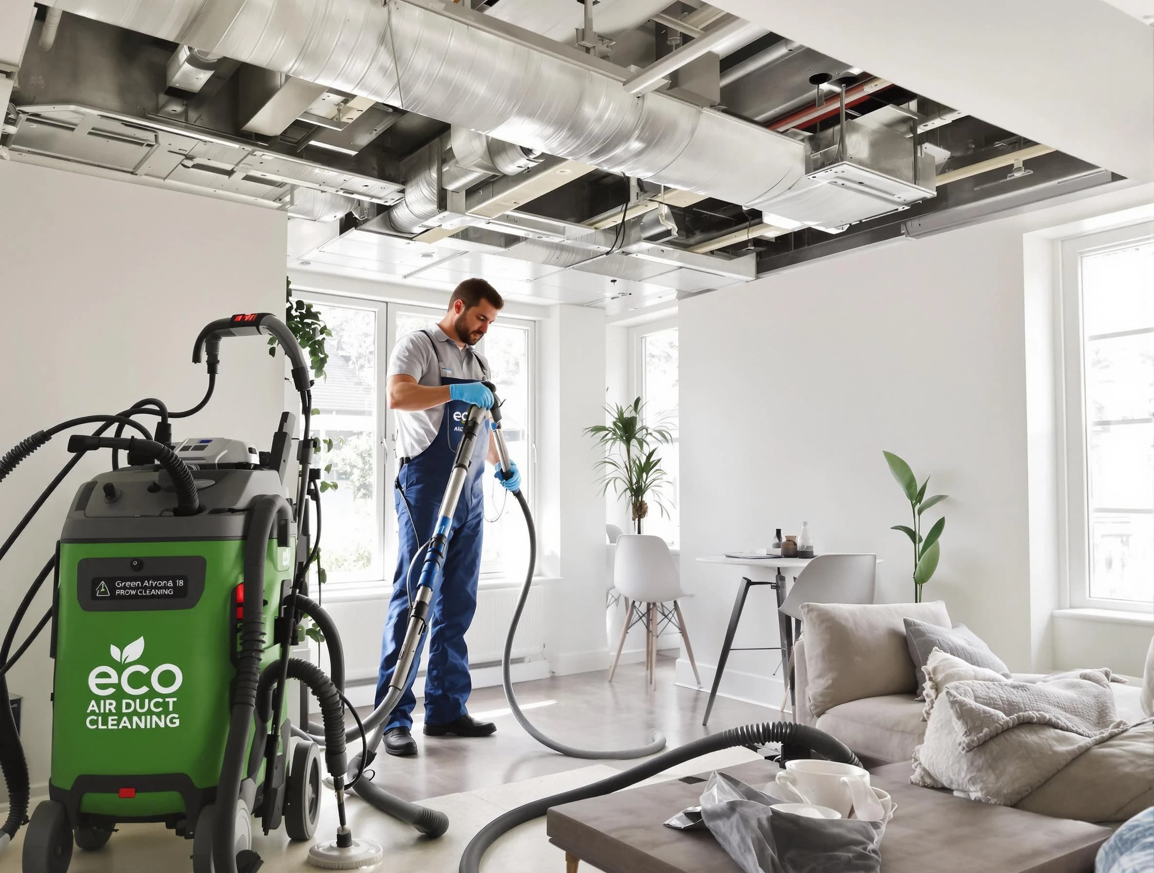 Plymouth Air Duct Cleaning technician performing eco-friendly duct cleaning using sustainable methods in Plymouth