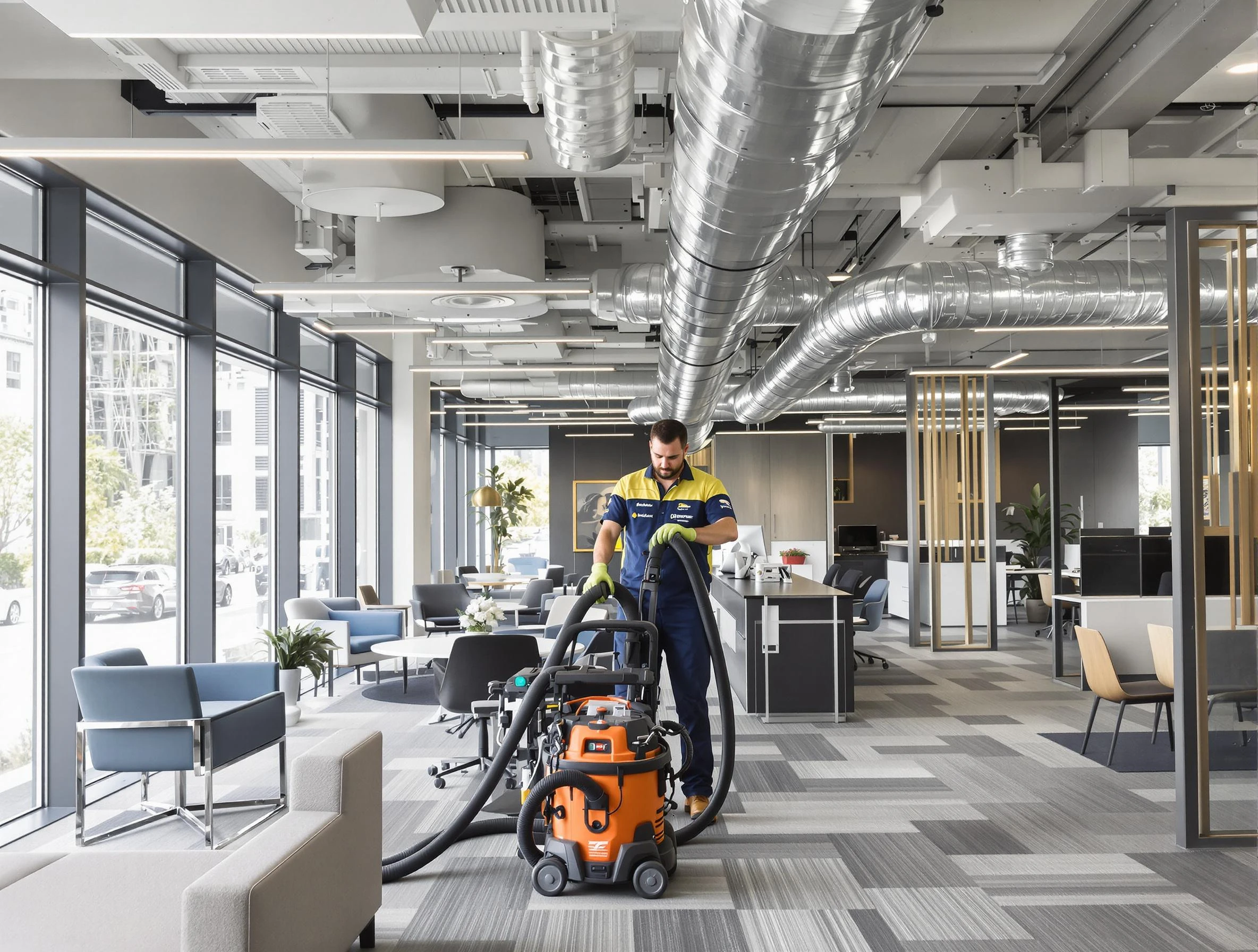 Plymouth Air Duct Cleaning team performing thorough commercial duct cleaning at a Plymouth business center